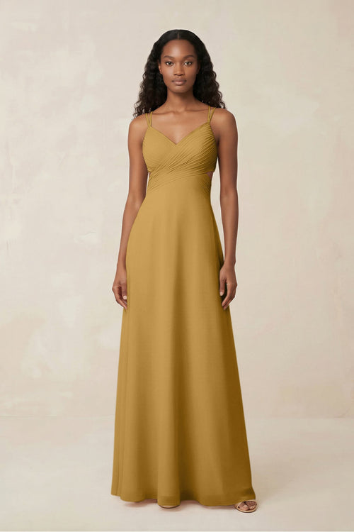 V-Neck Chiffon A-Line Cut-Out Bridesmaid Dress in Marigold | KISSBRIDAL