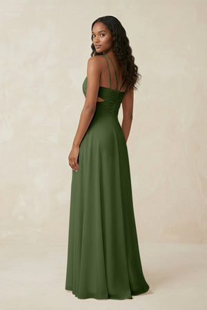 V-Neck Chiffon A-Line Cut-Out Bridesmaid Dress in Moss (2) | KISSBRIDAL