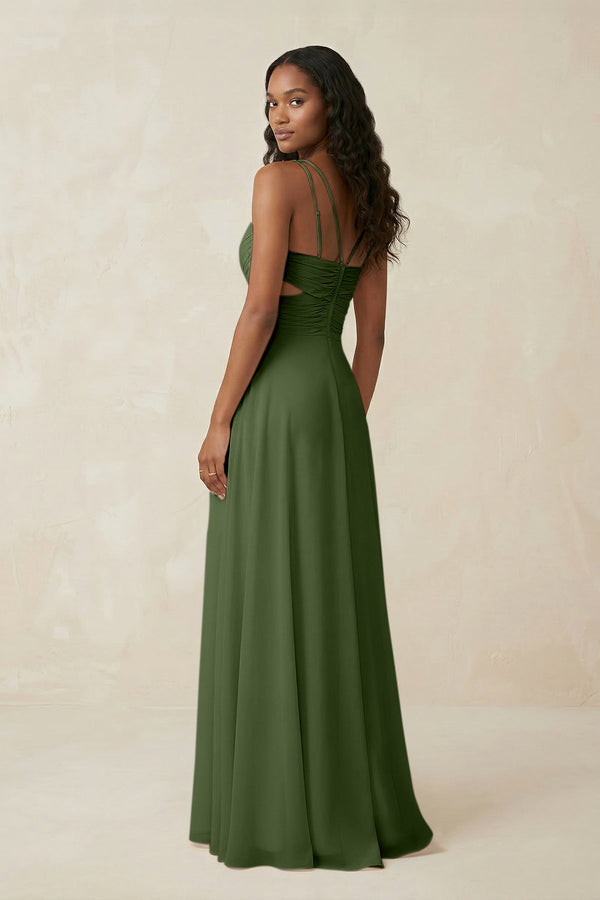 V-Neck Chiffon A-Line Cut-Out Bridesmaid Dress in Moss (2) | KISSBRIDAL