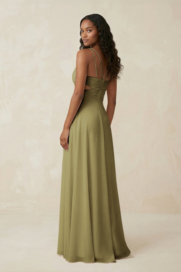 V-Neck Chiffon A-Line Cut-Out Bridesmaid Dress in Moss Green (2) | KISSBRIDAL