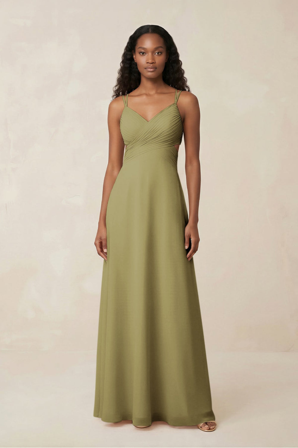 V-Neck Chiffon A-Line Cut-Out Bridesmaid Dress in Moss Green