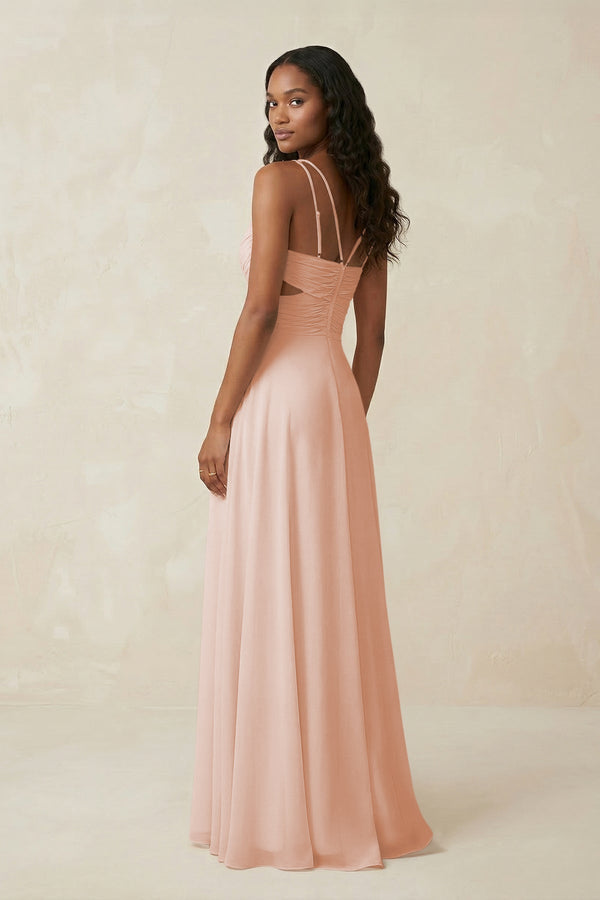 V - Neck Chiffon A - Line Cut - Out Bridesmaid Dress in Pale Blush - KISS BRIDAL Bridesmaid Dresses