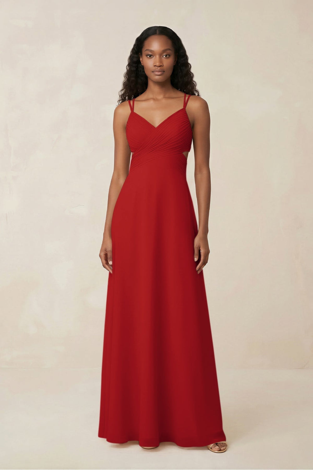 V-Neck Chiffon A-Line Cut-Out Bridesmaid Dress in Ruby Red