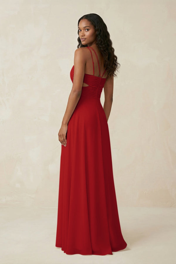V - Neck Chiffon A - Line Cut - Out Bridesmaid Dress in Ruby Red - KISS BRIDAL Bridesmaid Dresses