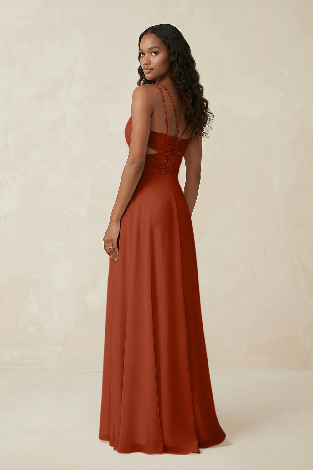 V-Neck Chiffon A-Line Cut-Out Bridesmaid Dress in Spice