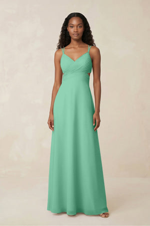 V - Neck Chiffon A - Line Cut - Out Bridesmaid Dress in Turquoise - KISS BRIDAL Bridesmaid Dresses