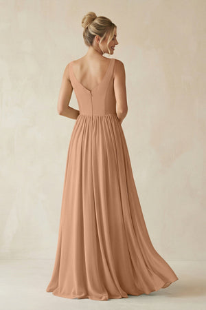 V - Neck Chiffon A - Line Long Bridesmaid Dress in Bronzer - KISS BRIDAL Bridesmaid Dresses