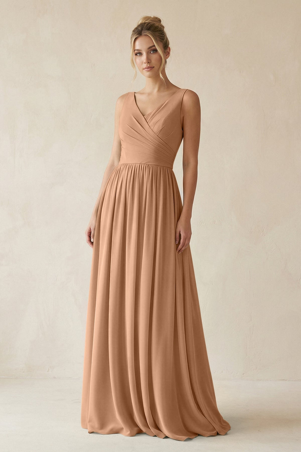 V-Neck Chiffon A-Line Long Bridesmaid Dress in Bronzer