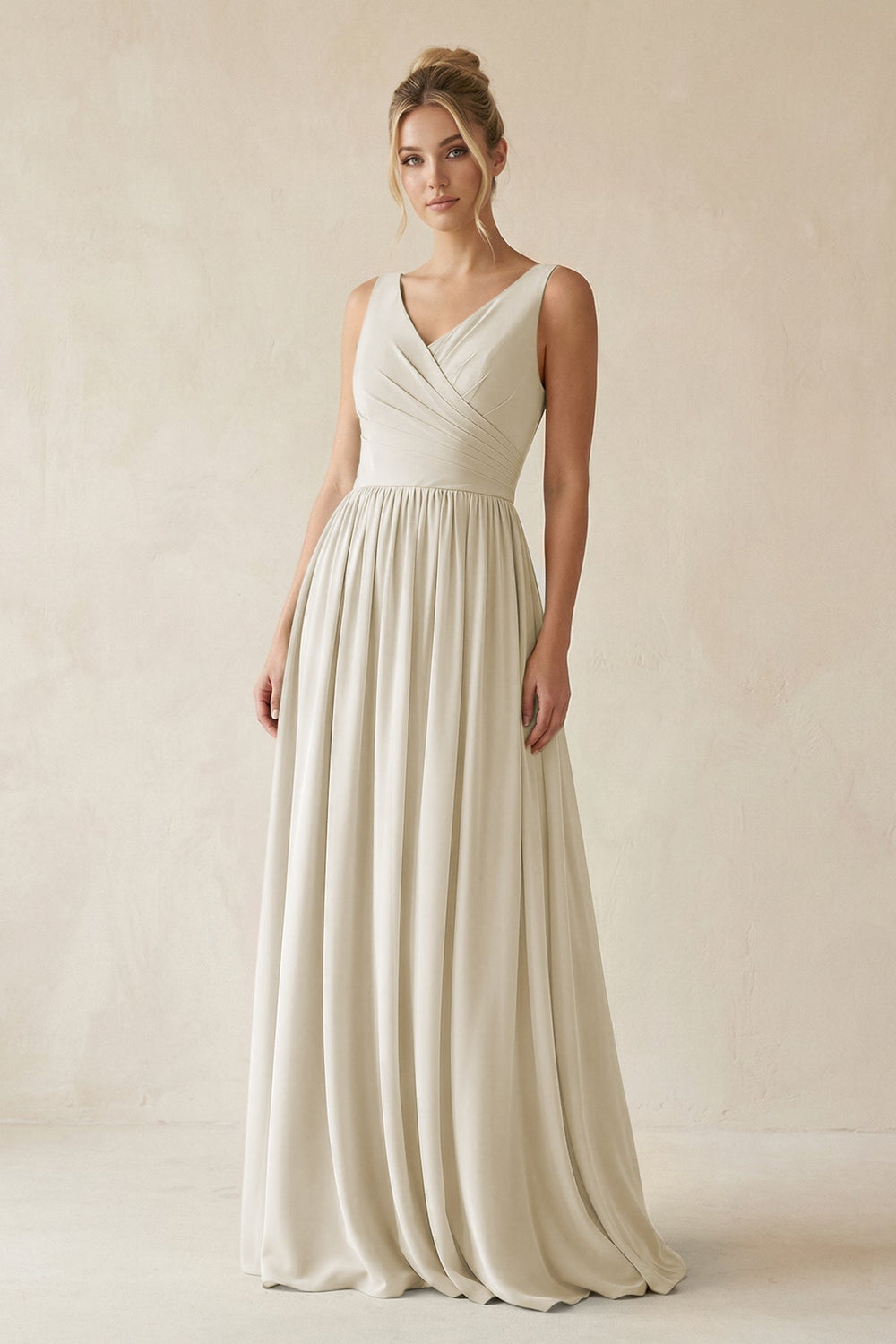 V-Neck Chiffon A-Line Long Bridesmaid Dress in Dove Gray