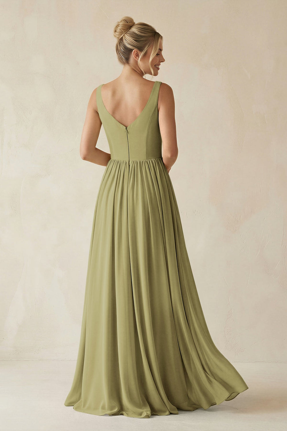V-Neck Chiffon A-Line Long Bridesmaid Dress in Moss Green
