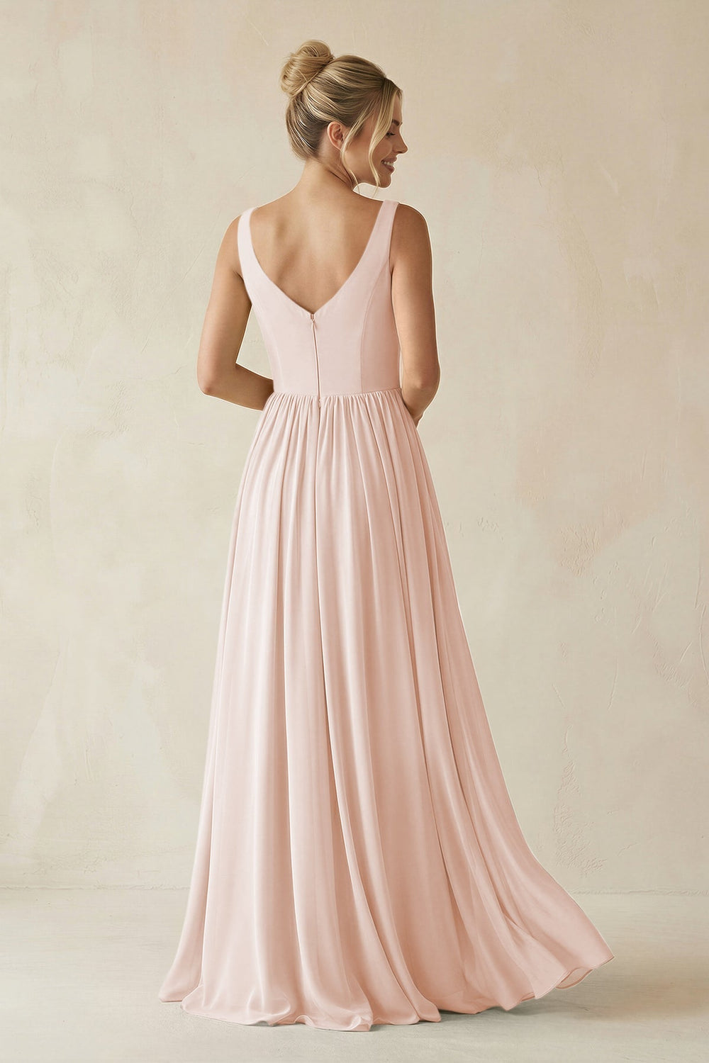 V-Neck Chiffon A-Line Long Bridesmaid Dress in Pale Blush