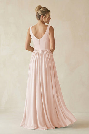 V - Neck Chiffon A - Line Long Bridesmaid Dress in Pale Blush - KISS BRIDAL Bridesmaid Dresses