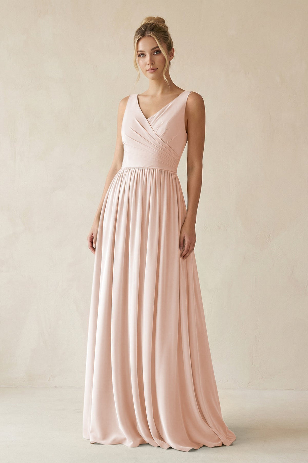 V-Neck Chiffon A-Line Long Bridesmaid Dress in Pale Blush