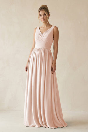 V - Neck Chiffon A - Line Long Bridesmaid Dress in Pale Blush - KISS BRIDAL Bridesmaid Dresses