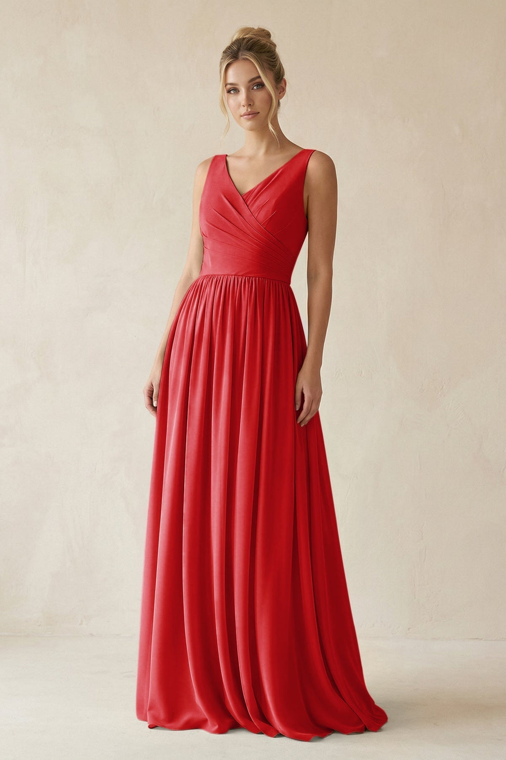 V-Neck Chiffon A-Line Long Bridesmaid Dress in Ruby Red