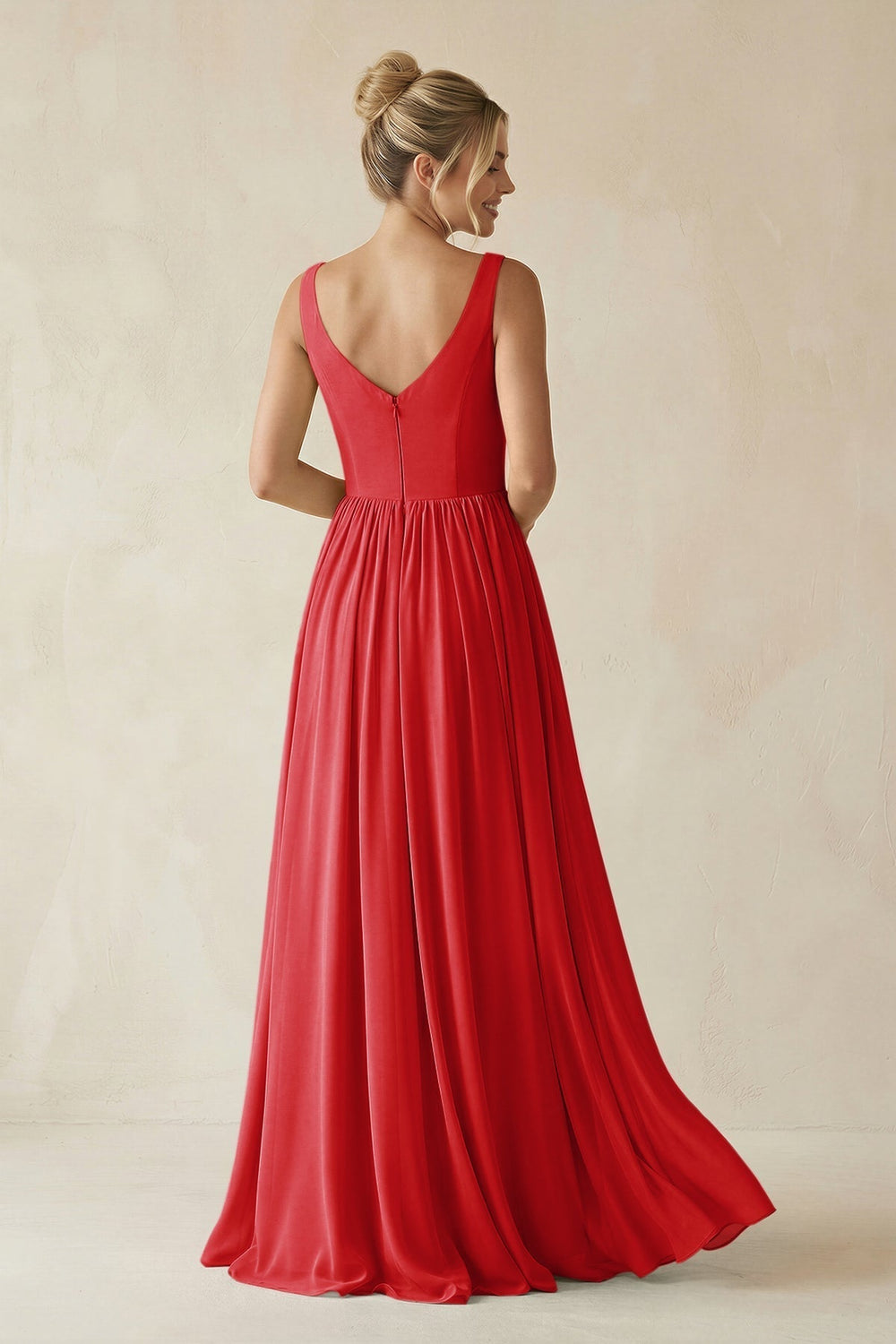 V-Neck Chiffon A-Line Long Bridesmaid Dress in Ruby Red
