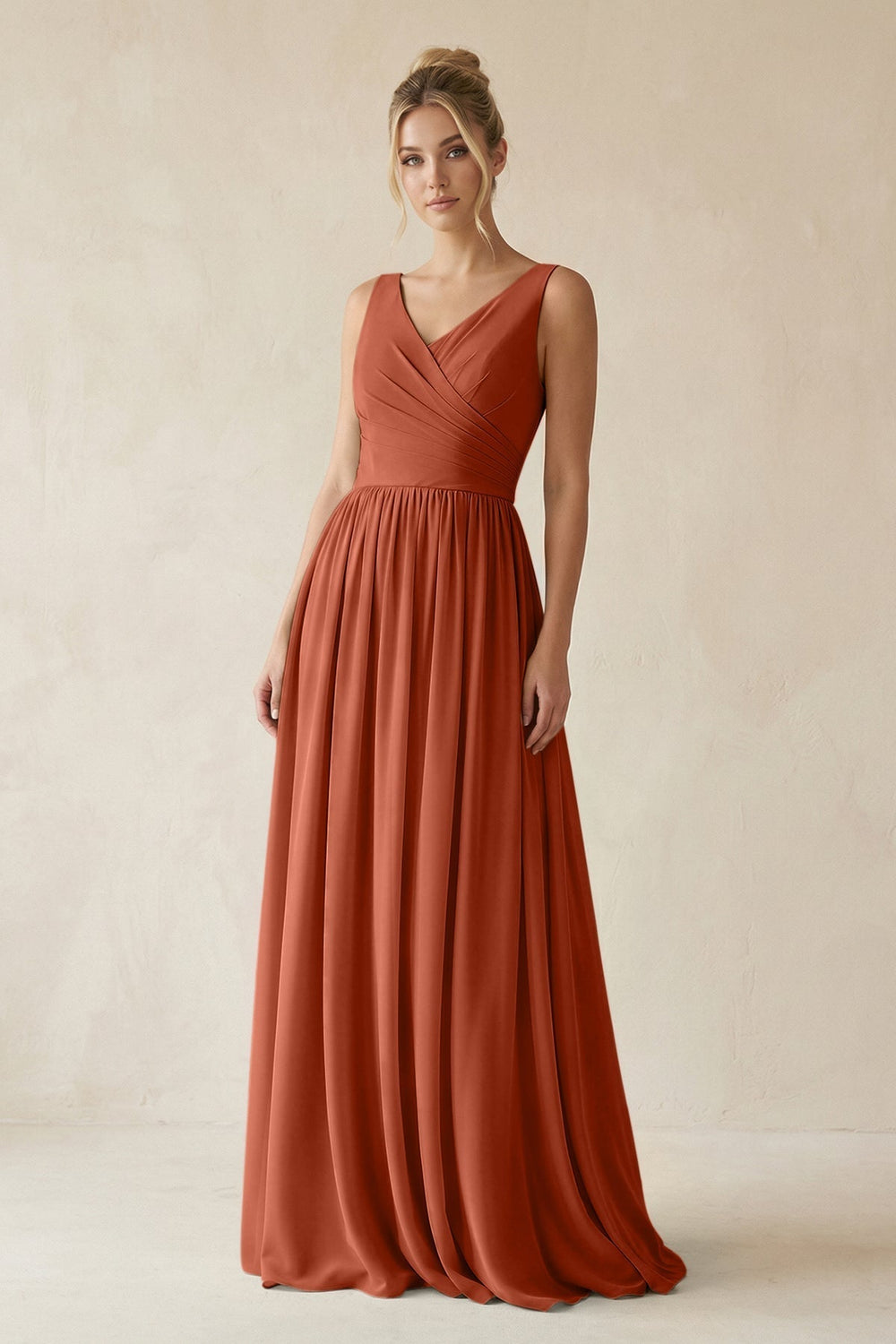 V-Neck Chiffon A-Line Long Bridesmaid Dress in Spice