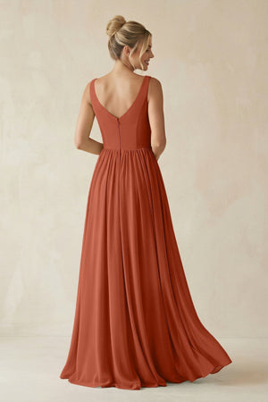 V - Neck Chiffon A - Line Long Bridesmaid Dress in Spice - KISS BRIDAL Bridesmaid Dresses