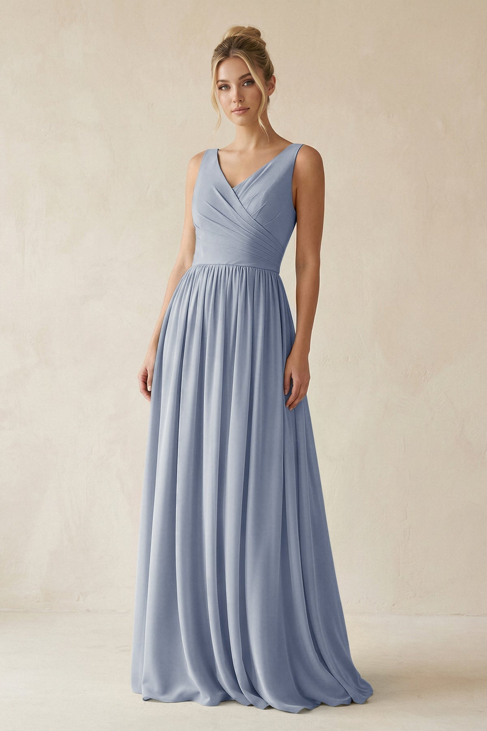 V-Neck Chiffon A-Line Long Bridesmaid Dress in Twilight