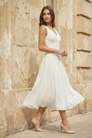 V - Neck Chiffon A - Line Midi Wedding Dress in White - KISS BRIDAL Wedding Dresses