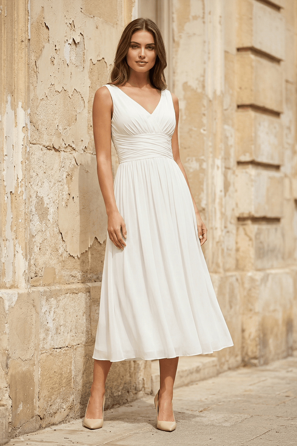 V-Neck Chiffon A-Line Midi Wedding Dress in White