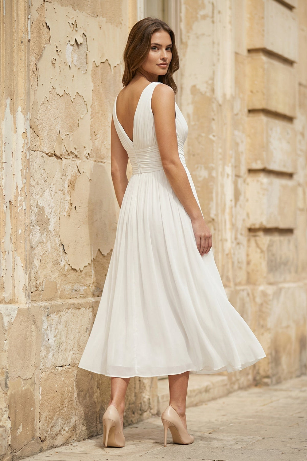 V-Neck Chiffon A-Line Midi Wedding Dress in White