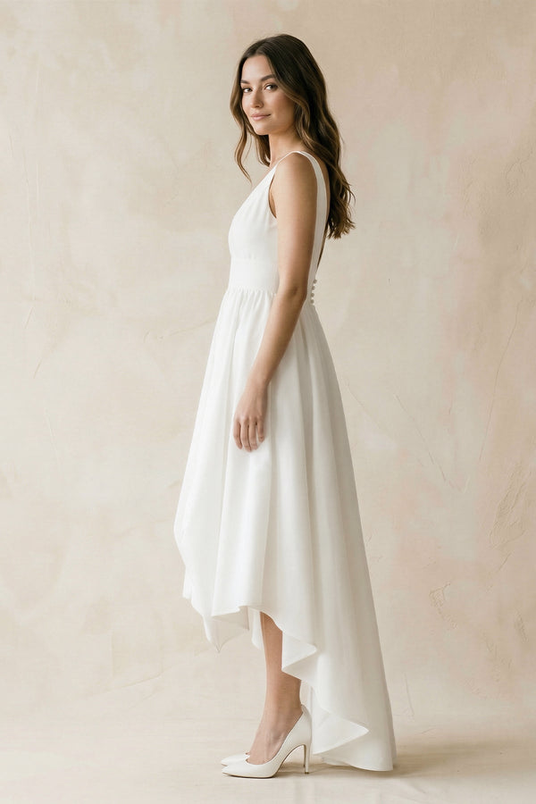 V - Neck Chiffon High - Low Chiffon Wedding Dress in White - KISS BRIDAL Wedding Dresses