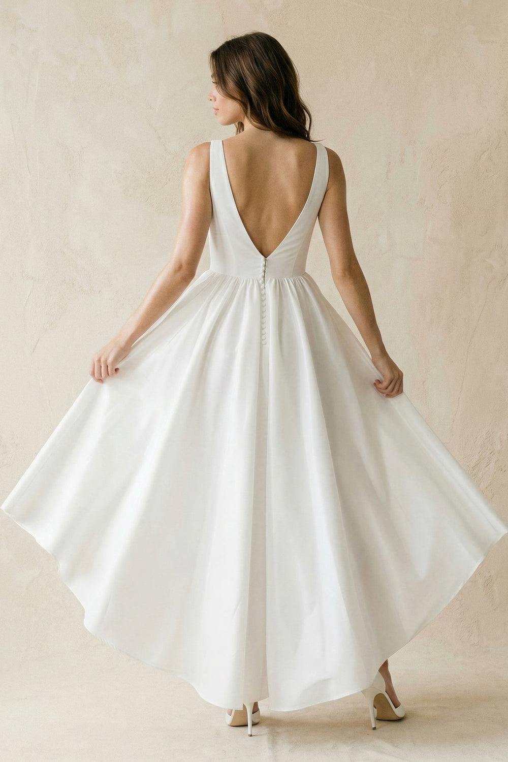 V-Neck Chiffon High-Low Chiffon Wedding Dress in White
