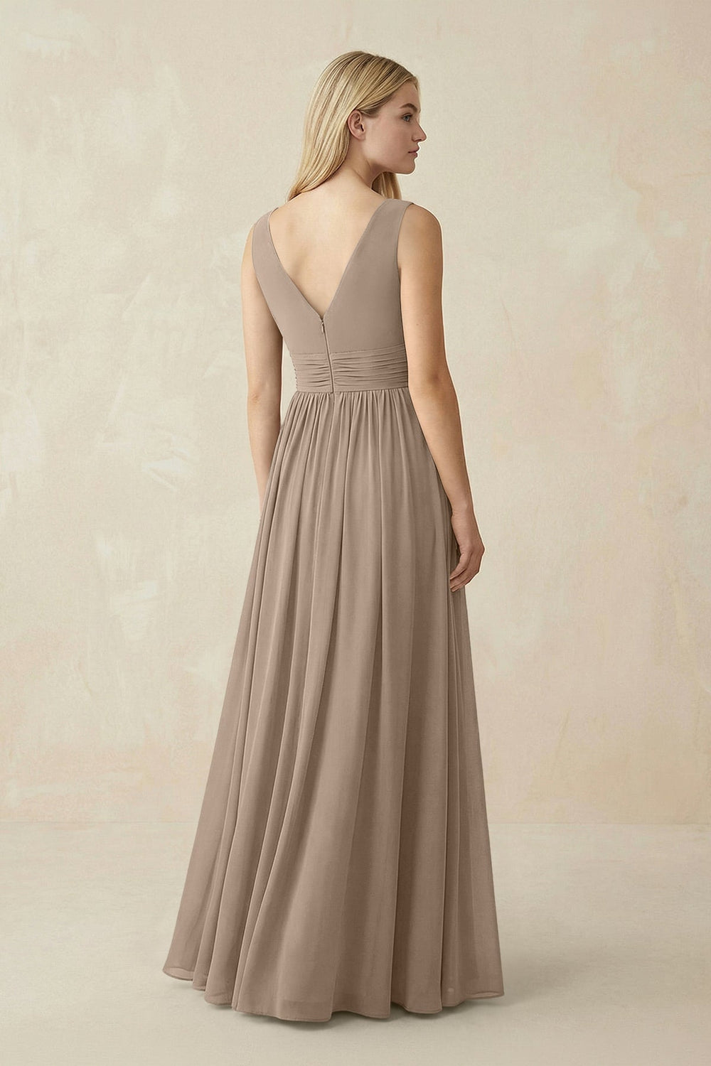 V-Neck Chiffon Pleated A-Line Bridesmaid Dress in Almond