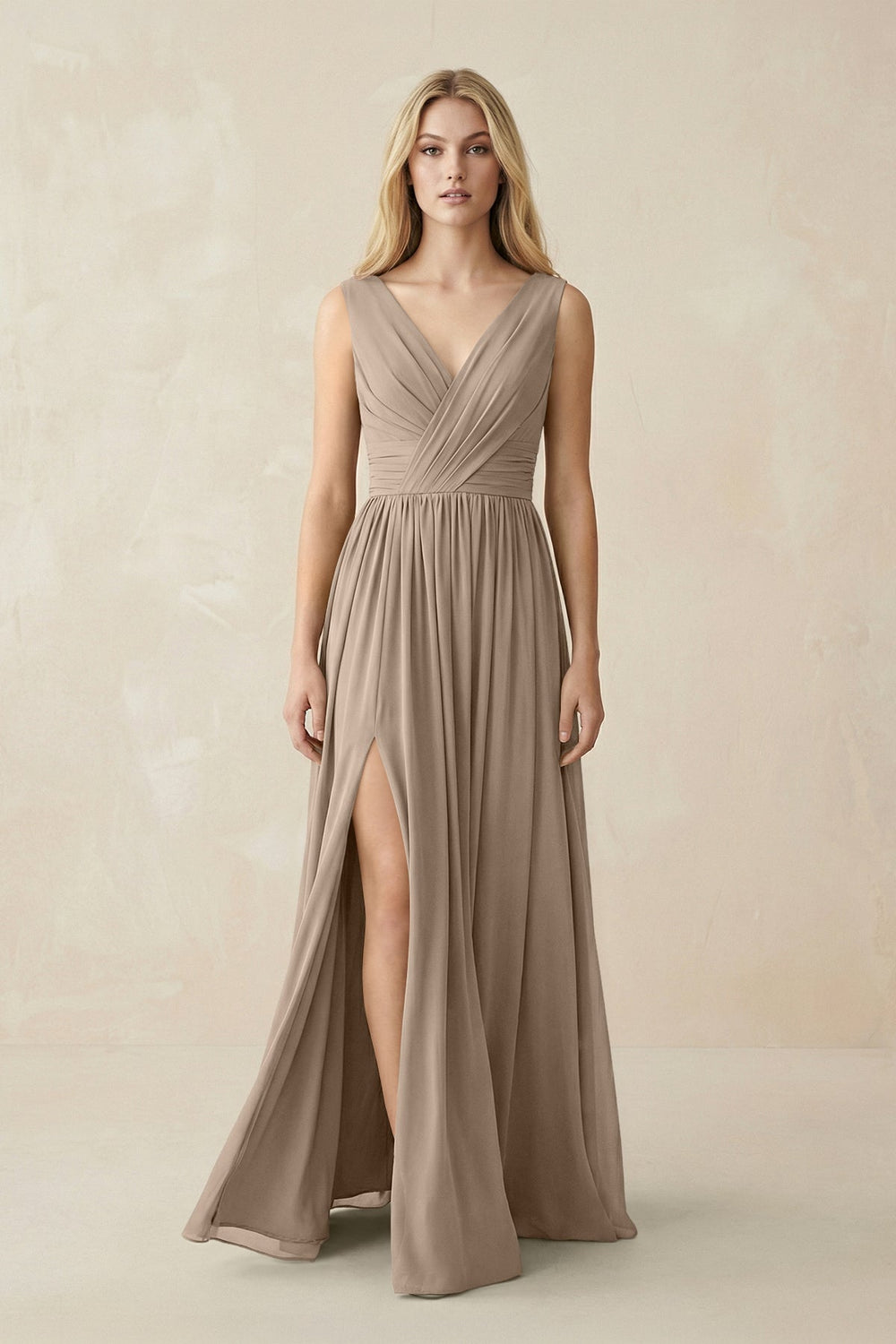 V-Neck Chiffon Pleated A-Line Bridesmaid Dress in Almond