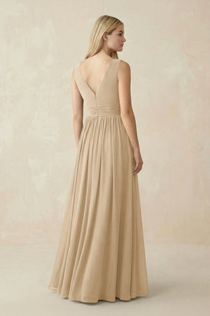 V-Neck Chiffon Pleated A-Line Bridesmaid Dress in Champagne (2) | KISSBRIDAL