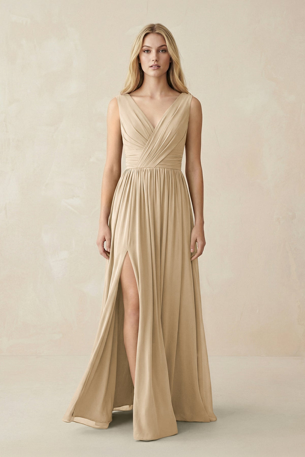 V-Neck Chiffon Pleated A-Line Bridesmaid Dress in Champagne