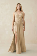 V-Neck Chiffon Pleated A-Line Bridesmaid Dress in Champagne | KISSBRIDAL