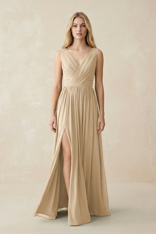 V-Neck Chiffon Pleated A-Line Bridesmaid Dress in Champagne | KISSBRIDAL