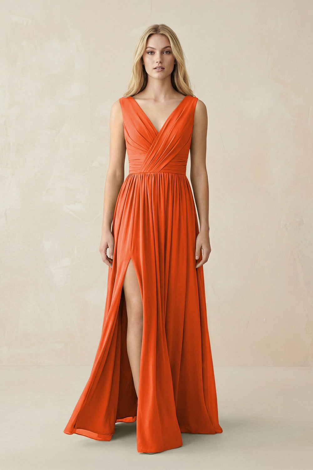 V-Neck Chiffon Pleated A-Line Bridesmaid Dress in Cinnamon