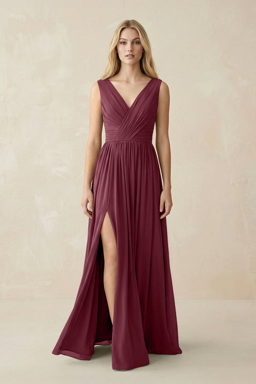 V-Neck Chiffon Pleated A-Line Bridesmaid Dress in Desert Rose | KISSBRIDAL