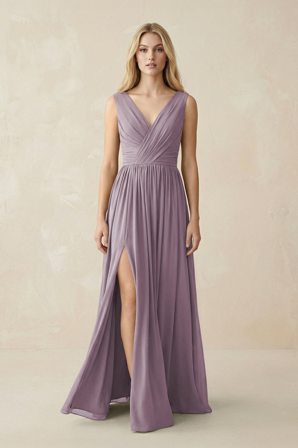 V-Neck Chiffon Pleated A-Line Bridesmaid Dress in Dusk