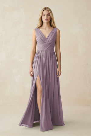 V-Neck Chiffon Pleated A-Line Bridesmaid Dress in Dusk | KISSBRIDAL