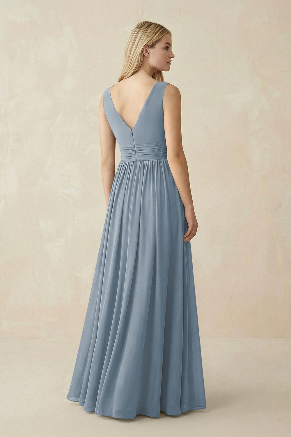 V-Neck Chiffon Pleated A-Line Bridesmaid Dress in Dusty Blue