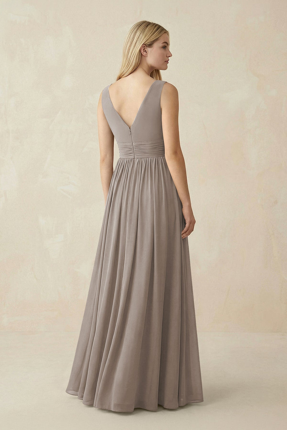 V-Neck Chiffon Pleated A-Line Bridesmaid Dress in Frost