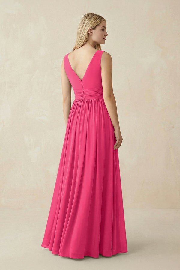 V-Neck Chiffon Pleated A-Line Bridesmaid Dress in Fuchsia (2) | KISSBRIDAL