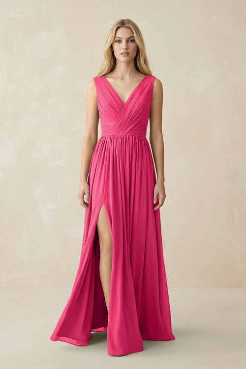 V-Neck Chiffon Pleated A-Line Bridesmaid Dress in Fuchsia | KISSBRIDAL