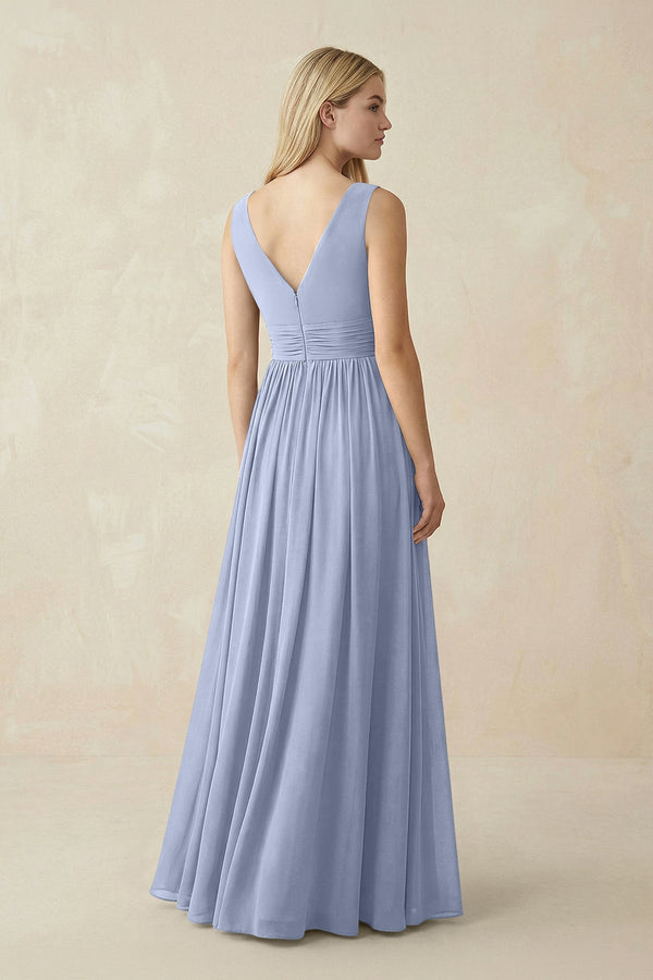V-Neck Chiffon Pleated A-Line Bridesmaid Dress in Ice (2) | KISSBRIDAL