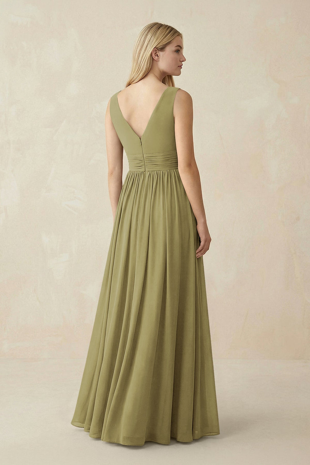 V-Neck Chiffon Pleated A-Line Bridesmaid Dress in Moss Green