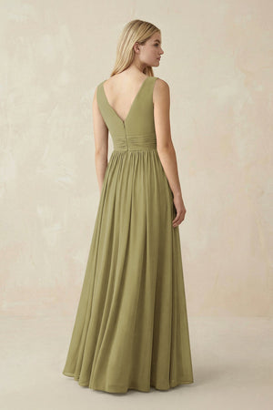 V-Neck Chiffon Pleated A-Line Bridesmaid Dress in Moss Green (2) | KISSBRIDAL