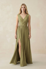 V-Neck Chiffon Pleated A-Line Bridesmaid Dress in Moss Green | KISSBRIDAL