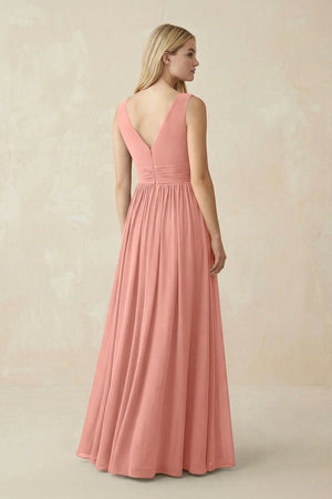 V-Neck Chiffon Pleated A-Line Bridesmaid Dress in Rosette (2) | KISSBRIDAL