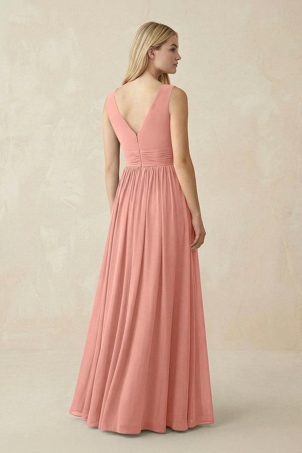 V-Neck Chiffon Pleated A-Line Bridesmaid Dress in Rosette (2) | KISSBRIDAL
