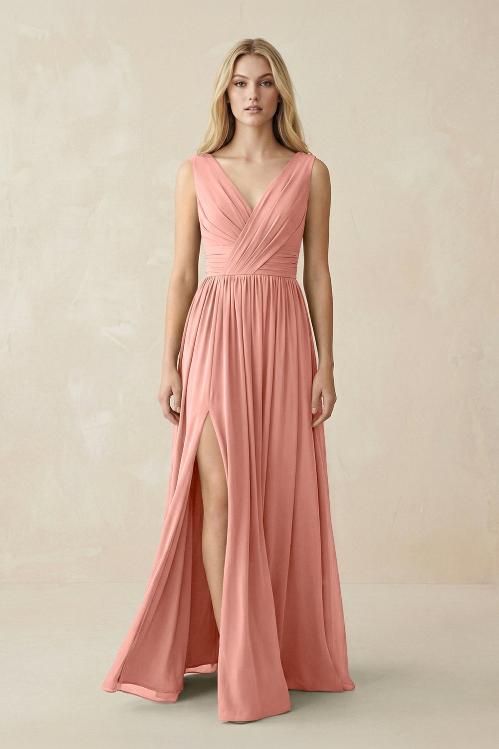 V-Neck Chiffon Pleated A-Line Bridesmaid Dress in Rosette