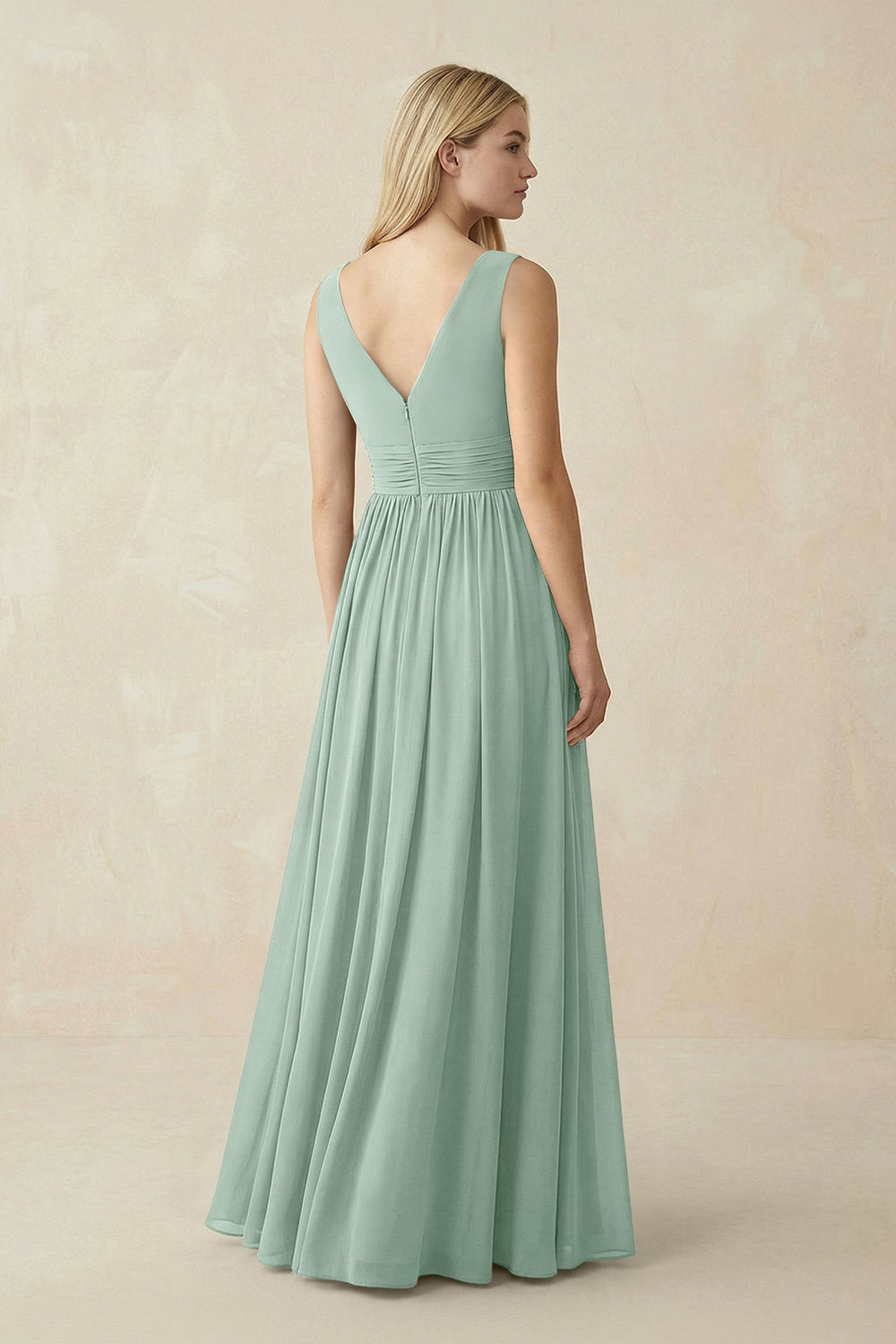 V-Neck Chiffon Pleated A-Line Bridesmaid Dress in Sage
